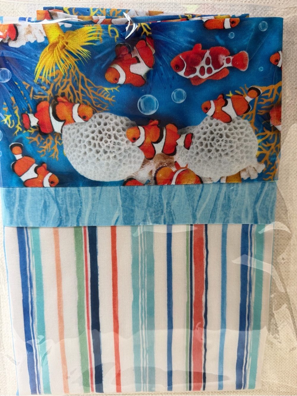 NEW and UNUSED Ocean Clownfish Print Pillowcase with Striped Accent